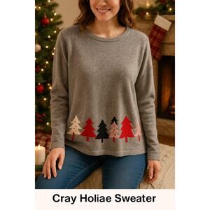 Crazy Horse Gray Wool Blend Holiday Sweater Christmas Tree Appliqué Pullover XL